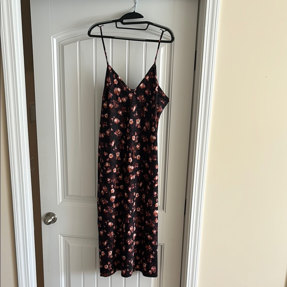 MIDI Floral Black and Pink Slip Dress